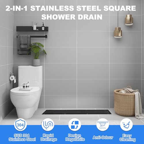 Gugxiom 60 cm Duschrinne, 304 Edelstahl Einsatz Ablaufrinne Dusche Set, 2 in 1 Panels, mit verstellbaren Füßen & Hair Strainer, für Dusche, Pool und Badroom Drain (Mattes Schwarz)