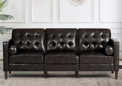 84” Faux Leather Sofa with Tufted Backrest, Upholstered 3-Seat Co...