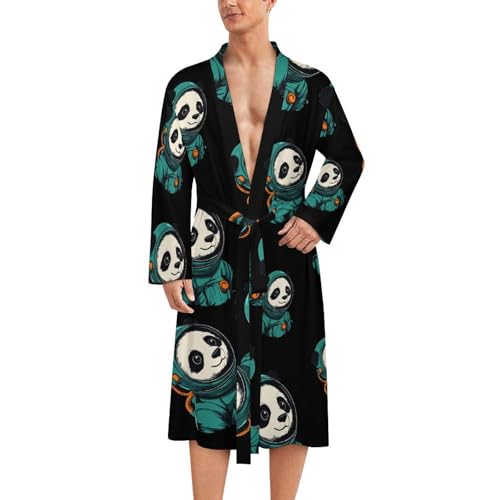 Image of Cute Panda Astronaut Bath Robes Knee Length Loungewear Long Sleeved Bathrobe Lightweight Nightgown XL