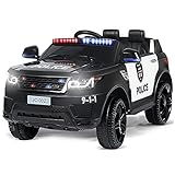 Kinder King 12V Kids Ride on Police Car, Battery Powered Electric Truck for Kids w/ 2.4G Remote Control, Siren Flashing Light, Real Intercom, Bumper Guard, Handle, Bluetooth/AUX/USB Port, Black
