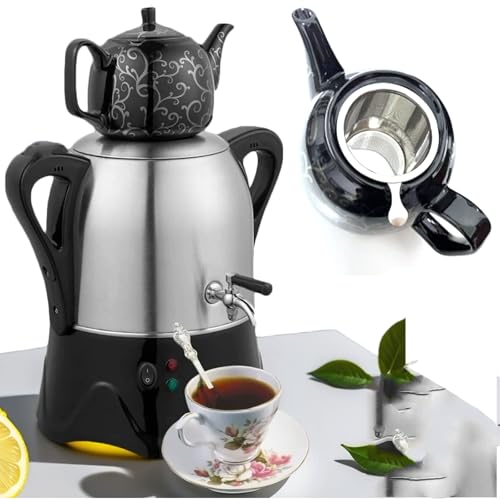 Tetera turca eléctrica, hervidor de acero inoxidable de 3 l, tetera de cerámica de 1 l, con filtro y tapa, samovar eléctrico con función de mantenimiento del calor, juego de tetera turca, para fiestas