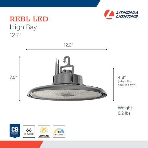 Image of Lithonia Lighting REBL Round High Bay LED Light, 12,000 /15,000 /18,000 Adjustable Lumen Output, 3500K /4000K /5000K Switchable White Color Temperature, Work Light, UVOLT 120-347V, 12.2 inch x 7.5 inch, Bronze