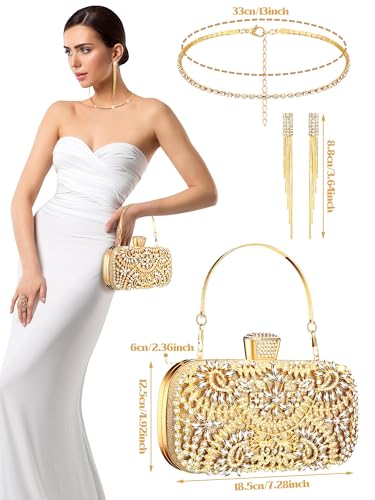 4 Pcs Clutch Purses Jewelry Set for Women Evening Rhinestone Jewelry Bling Glitter Diamond Evening Bag Necklace Choker Bracelets Earrings Set for Wedding Bridal Party Prom(Gold)2