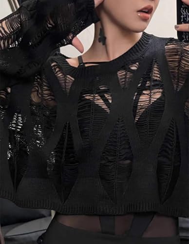 Image of Goth Y2K Striped Sweater Grunge Ripped Punk Gothic Sweaters for Women