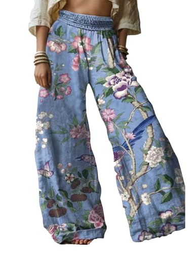 Linen Pants for Women Wide Leg High Elastic Waist Palazzo Pants Floral Summer Flowy Trousers with Pockets