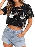 JDEEO Women's Graphic Crop Top Short Sleeve Tie Dye Cut Out T Shirt Casual Loose Fit Summer Tee Brown Medium