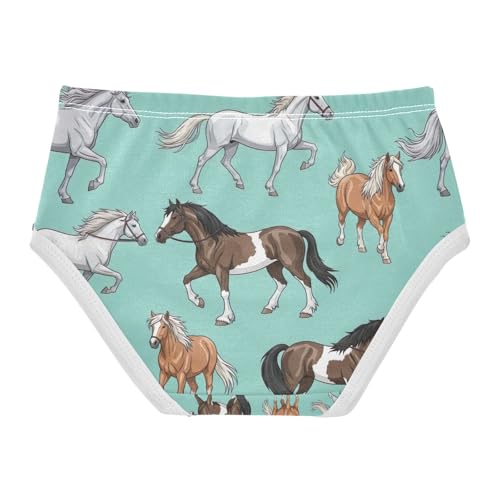 Girls Briefs, Colorful Horse Teal Toddler Panties, Cotton Underwear Girls, 2T–8 Years2