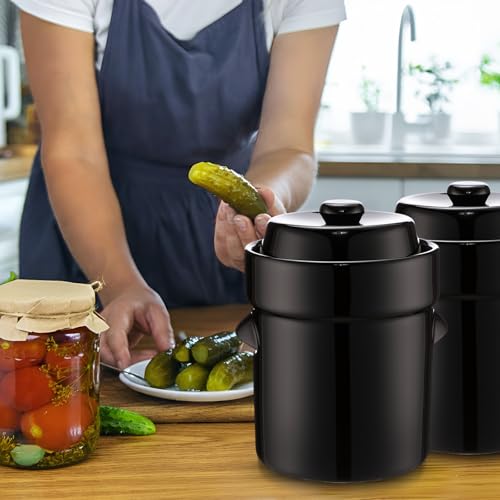 Nuenen 2 Set 1/2 Gallon Fermentation Crock Sauerkraut Crock with Lid Weights & Pounder Ceramic Fermenting Jar Brown Stoneware Pot for Fermenting Pickling Cabbage Sauerkraut Pickles Vegetables - Thumbnail 2