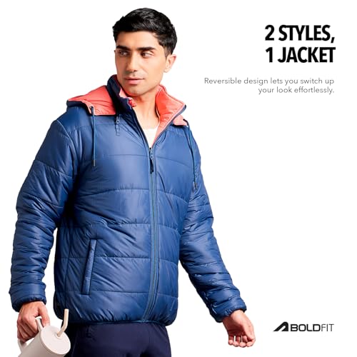 Image of Boldfit Jackets for Men Stylish Puffer Winter Jacket for Men Reversible Standard Length Jacket Man Full Sleeves Bomber Jackets for Man Winter Wear with Hoodie