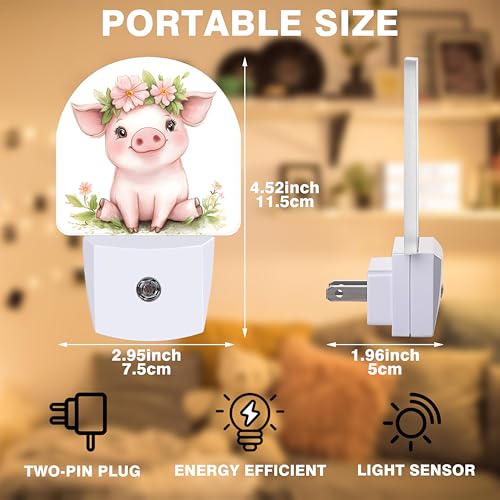 Image of Night Lights Plug into Wall Cute Pig with Flower Crown Night Light Dusk to Dawn Smart Sensor Decorative Round Led Lamp for Bedroom Kitchen Hallway Nightlight for Women Men