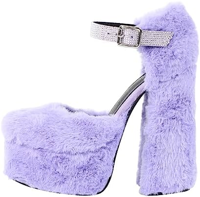 blingqueen Damen Pumps Plateau Block High Heels Plüsch