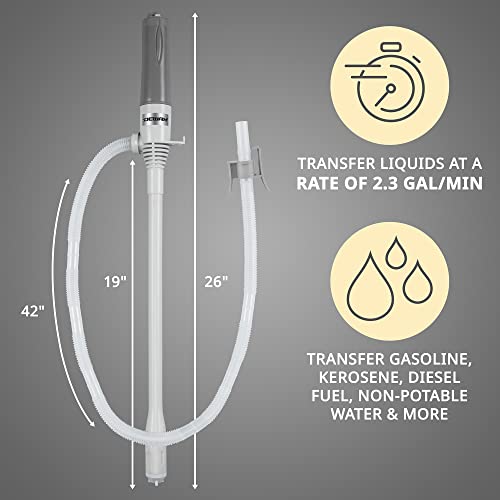 Image of Deway Fuel Transfer Pump WAYPUMP07, D Battery, Extra Long Hose, Gray, Large | Stop Lifting Heavy Cans, One Hand or Hands Free, Gas Can Pump, For Gasoline, Diesel & Water, For ATVs, Mowers & Generators