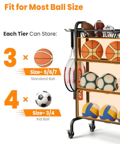 4 Tier Basketball Storage Organizer with Wheels Easy Ball Rack - Image 3