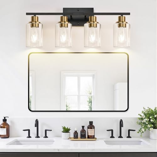 Image of Indoi 4-Light Bathroom Light Fixtures, Black and Gold Modern Vanity Lights with Clear Glass Shades, Bathroom Wall Lamp for Mirror Living Room Cabinet Bedroom Porch