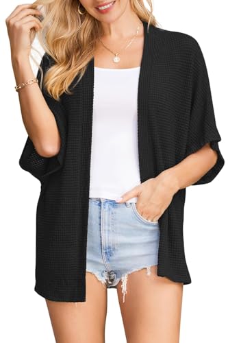 STYLEWORD Women's Summer Cardigan Lightweight Short Sleeve Beach Cover Up Kimonos Open Front Casual Sweater(Black,X-Large)