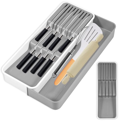 Ceppo portacoltelli per 9 coltelli, scalabile, organizer per coltelli, a due strati, con tappetino antiscivolo, rimovibile, cassetto per cucina, sala da pranzo