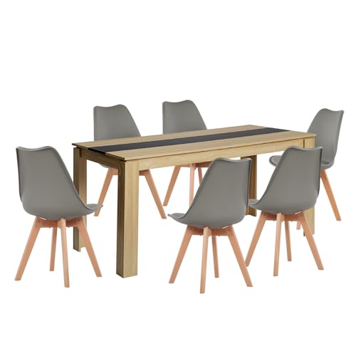 LafeuR Ensemble de salle à manger avec 6 chaises rectangulaires en chêne et 6 chaises grises pour salon, cuisine, bureau (table chêne noir de 160 cm)
