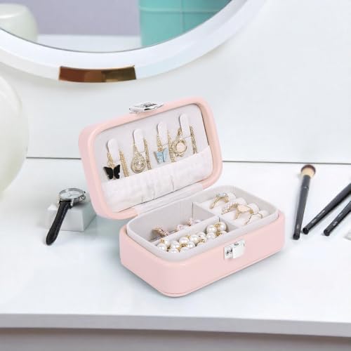 Image of BucketList PU Leather Jewellery Organizer Box with Ring Slots & Necklace Hooks | Compact Jewelry Storage Case with Secure Lock (Travel Jewellery Box Rectangular (Pink))