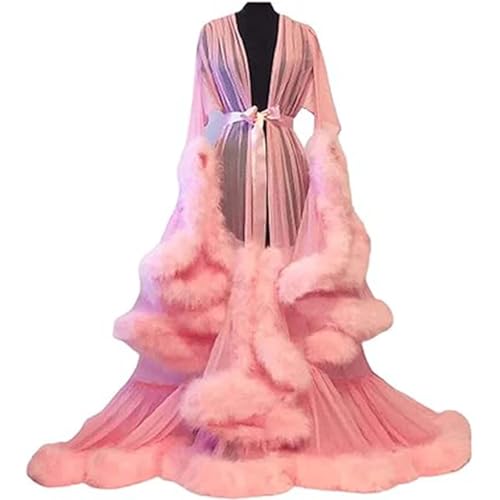 MHNFGDSE Bata de Maternidad de Talla para Mujer Bata de Plumas Transparente Malla de Tul Transparente Ropa de Dormir de Encaje de Manga LargaAlbornoz Kimono con Ribete de Plumas,G,One Size