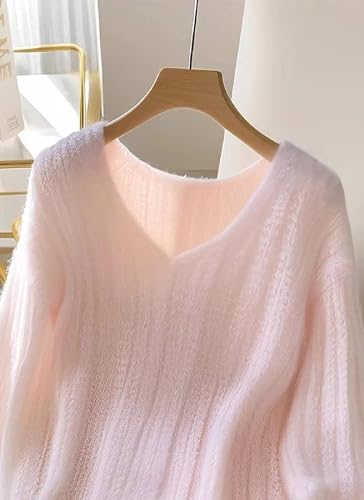 Women's Sweet Pink V Neck Long Sleeve Sweaters Spring Autumn Lightweight Knitted Pullover Tops Plain Casual Loose Sweater3