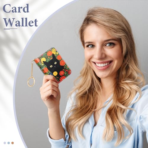 Image of Credit Card Holder RFID Wallet for Women, Small Leather Card Organizer Case with Zipper and Keychain, pussycat