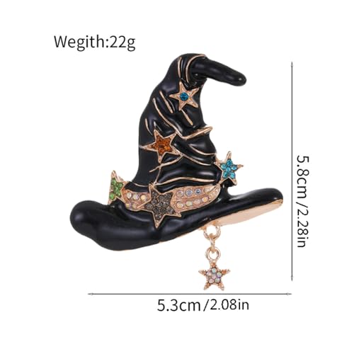 Image of Vintage Witch Hat Star Colorful CZ Dangle Black White Enamel Halloween Brooch Lapel Pins for Women Girls Boys Gold Plated Fashion Magic Witch Brooches Pin Cute Holiday Party Hat Bag Suit Accessories Jewelry Gift