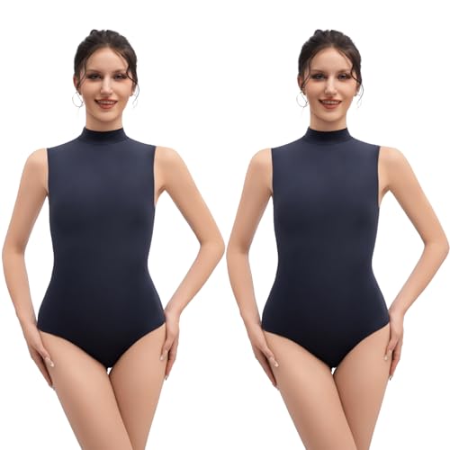 Bolsamila Women's Turtleneck Sleeveless Bodysuit Black Thong Leotard Top Tummy Control Short Sleeve Thong Bodysuit (Darkgrey, S)