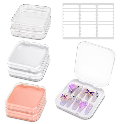 Lot de 6 boîtes à ongles Press-on - Boîte de rangement pour ongles en acrylique - Pour manucure - Avec 30 rubans adhésifs double face - Boîte de...