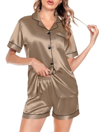 Image of SWOMOG Satin Matching Pajamas Sets Couple Silk Button Down Nightwear Women & Men Short Sleeve Sleepwear 2 Pieces Loungewear