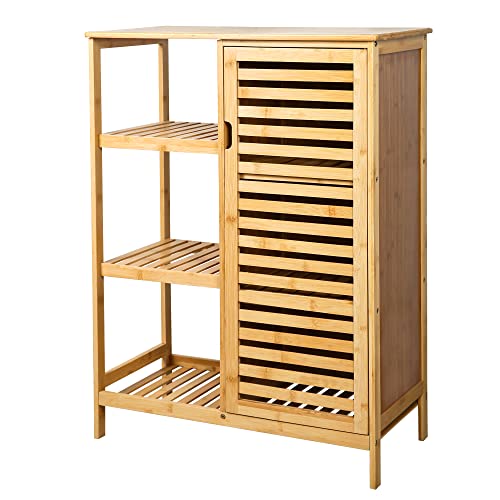 Edaygo Bambuskommode Kommode Sideboard Hochkommode mit Regal, 3 Offene Fächer, 1 Lamellentür, Belastbarkeit 48 kg, 66,5 x 33 x 87 cm Cover