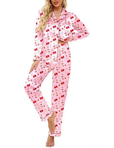 Image of Ekouaer Women's Classic Button Down Long Satin Silk Pajama Set