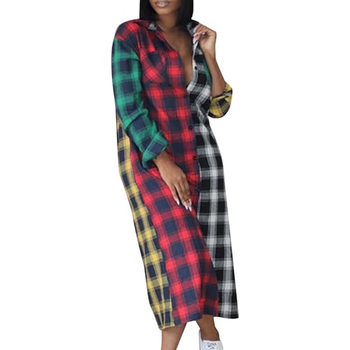 HGps8w Women's Chic Colorblock Plaid Shirt Dresses Casual
