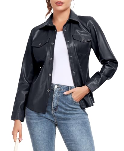 Little Donkey Andy Womens Faux Leather Jacket Bomber Stretch Slim Fit Classic Microfleece Lined Button down Motorcycle Biker