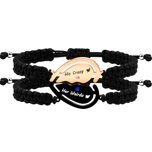 Image of 2pcs Black /Rose Gold Custom Carved Heart-shaped Puzzle Bracelets, Hand Woven Stainless Steel with Zirconia Jewelry for Men and Women, Fashion Couples Promise Bracelets