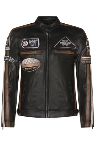 Mens Black Leather Biker Badges Racing Moto Jacket 4XL