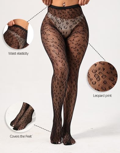 Image of Women Sexy High Waist Fishnet Tights, Sheer Leopard Print Pantyhose