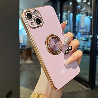 ZTOFERA Compatible with iPhone 13 Case with 360 Degree Rotation Finger Ring Holder, Flexible Silicone Phone Case with Magnetic Metal for Car Mount Gold Edging Shockproof Cover for iPhone 13, Purple