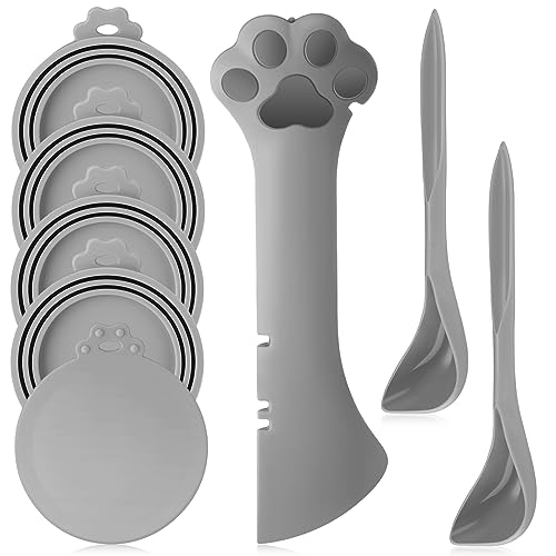 Uiifan 8 Pcs Pet Food Can Supplies Set 5 Pcs Universal Silicone Wet Cat Food Can Covers Lids 2 Pcs Silicone Dog Spoons 1 Pcs Paw Shape Multifunctional Opener for Pets Dogs Cats(Gray)