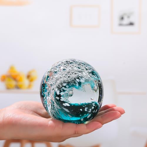 Qianwei Hand Blown Ocean Waves Crystal Ball - Glass Collectible Figurines Spere - Paperweight Glass Ball Aquarium DecorOffice Decor Ocean Lovers - Image 4