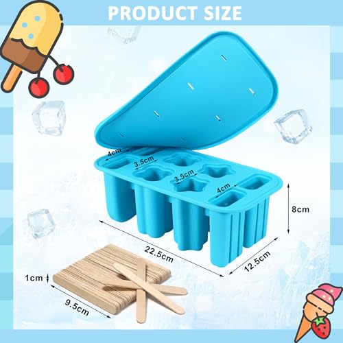 8 Cavity Ice Lolly Moulds with 48pcs Wooden Sticks, Reusable Silicone Popsicle Mould, BPA Free Ice Pop Moulds, Homemade Ice Cream Mould for Kids Adults Summer DIY Home Kitchen Tools (Blue) - Image 3