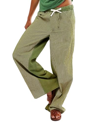 Arssm Women Y2k Striped Wide Leg Pants Baggy Drawstring Jeans Trendy Low Rise Casual Cotton Trousers