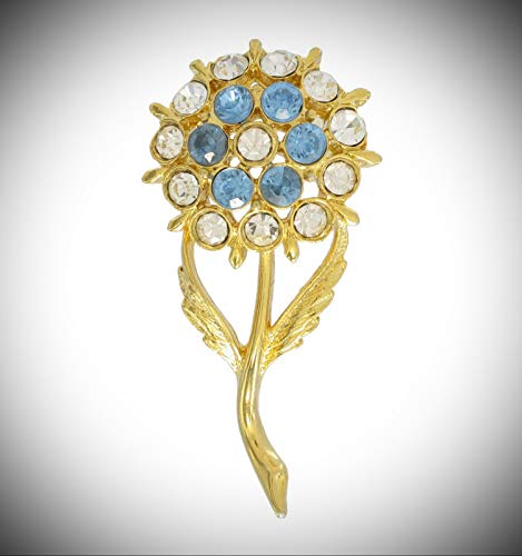 Brooch Blue Clear Rhinestone Flower Pin 1 3/4