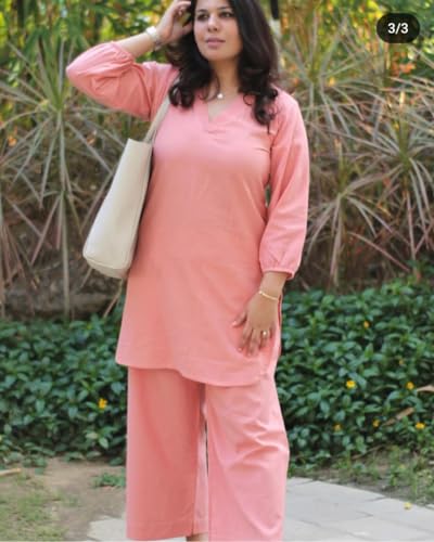 Image of Femezone Women Cotton slub Co-ord Kurta and Pant Set (FEM22230610-01-Vcord)