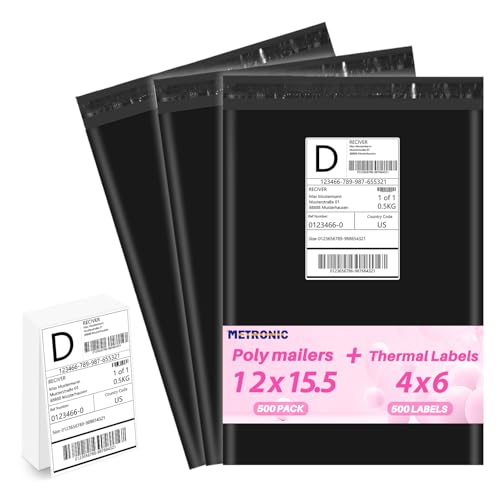 Image of Metronic Poly mailers 12x15.5'' 500pcs with 4x6 Thermal Labels 500 Labels Bulk, Strong Adhensive Shipping Bags for Clothing,Waterproof Shipping Envelopes Mailing Bags for Small Business,Black