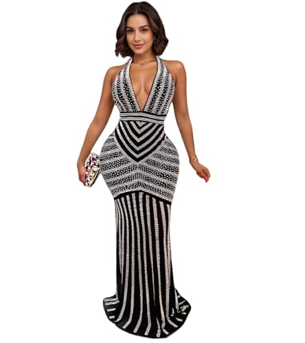 Image of PORRCEY Women's Sexy Rhinestone Mesh See Through Party Night Prom Dress
