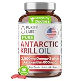 Purity Labs Antarctic Krill Oil 2000mg Omega-3 with Astaxanthin 800mcg Supplements to Support Memory- Rich in Omega 3, Fatty Acids, DHA, EPA & Phospholipids - 60 Softgels