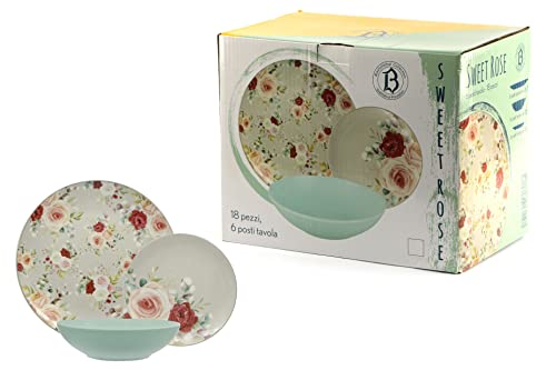 SERVIZIO DI PIATTI IN CERAMICA DECORATA 18 PEZZI - -COMPOSTO DA 6 PIATTI PIANI, 6 PIATTI FONDI E 6 PIATTI FRUTTA (SWEET ROSE)