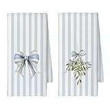 CUANFDDSF Coastal Christmas Kitchen Towels Set of 2, Blue Coquette Striped Bow Xmas Mistletoe Decoration Tea Towel Kitchen Hand Towels for Bathroom, Preppy Christmas Bathroom Decor, 16x24 Inch