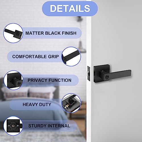 Privacy Door Levers, 6 Pack Matte Black Door Handles, Bed and Bath Door Locksets Heavy Duty Keyless Interior Handles, Reversible for Left Right Handed Doors