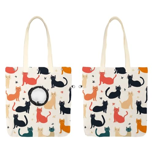 Pet Canvas Shoulder Bag Soft-Sided,Dog Purse Carrier for Small Dogs and Cats, Portable Pet Handbag with Adjustable Hole, Pet Washable Travel Tote Bag,Cats 19.3''x16.5''